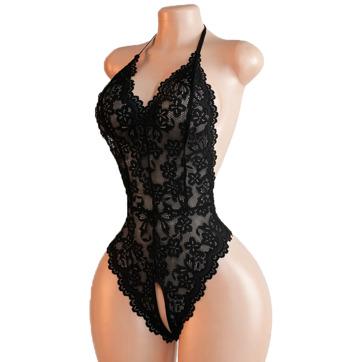 Body sexy de encaje floral con cuello halter para mujer, ropa de dormir erótica transparente, regalo de San Valentín, noche de bodas, fiesta caliente
