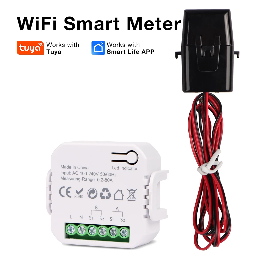 Tuya Smart Life WiFi Digital Energy Meter 80A with CT Clamp Sensor App Real-time Monitor Consumption Bidirectional Measurement