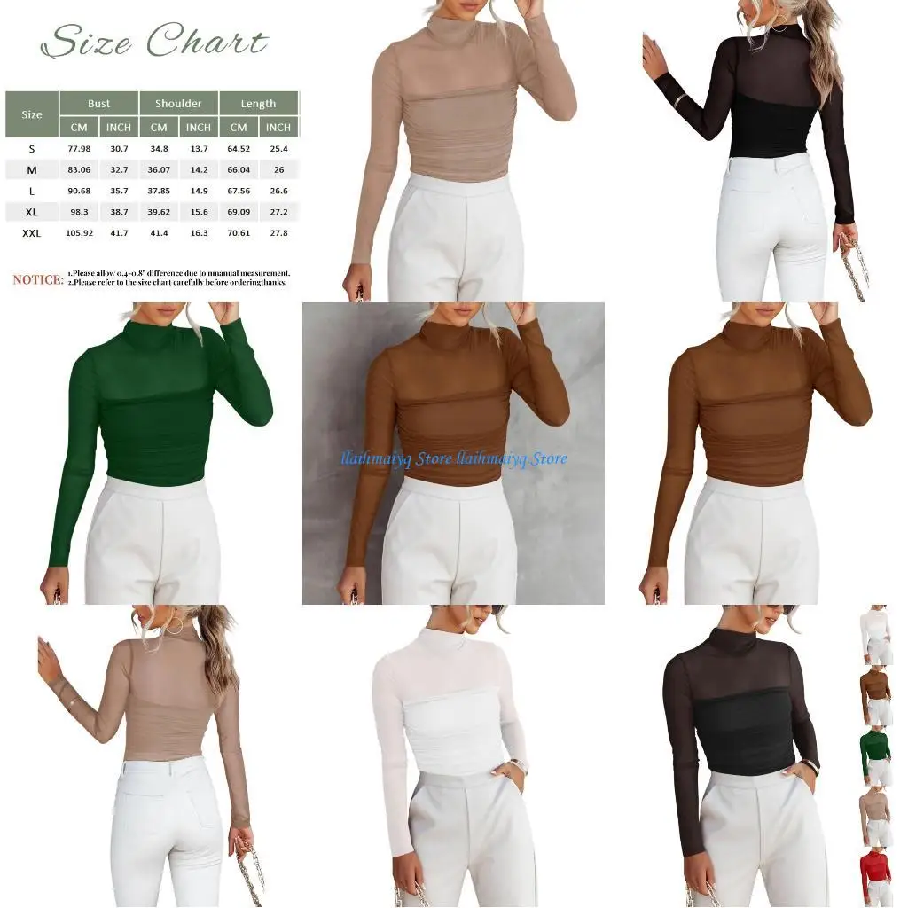 

573B Women's turtles Neck Mesh Long Sleeve Bodysuit Shirts Ruched Sheer Body Suit Tops Date Night Outfits