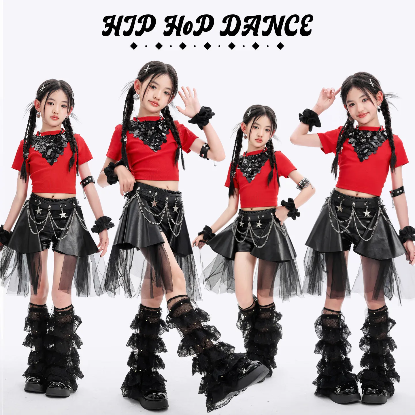 Hip Hop Sequin Crop T-shirt Dance Ribbon Skirts Kids K-pop Shiny Jazz Clothes Sets Children Girl Group Streetwear Costumes