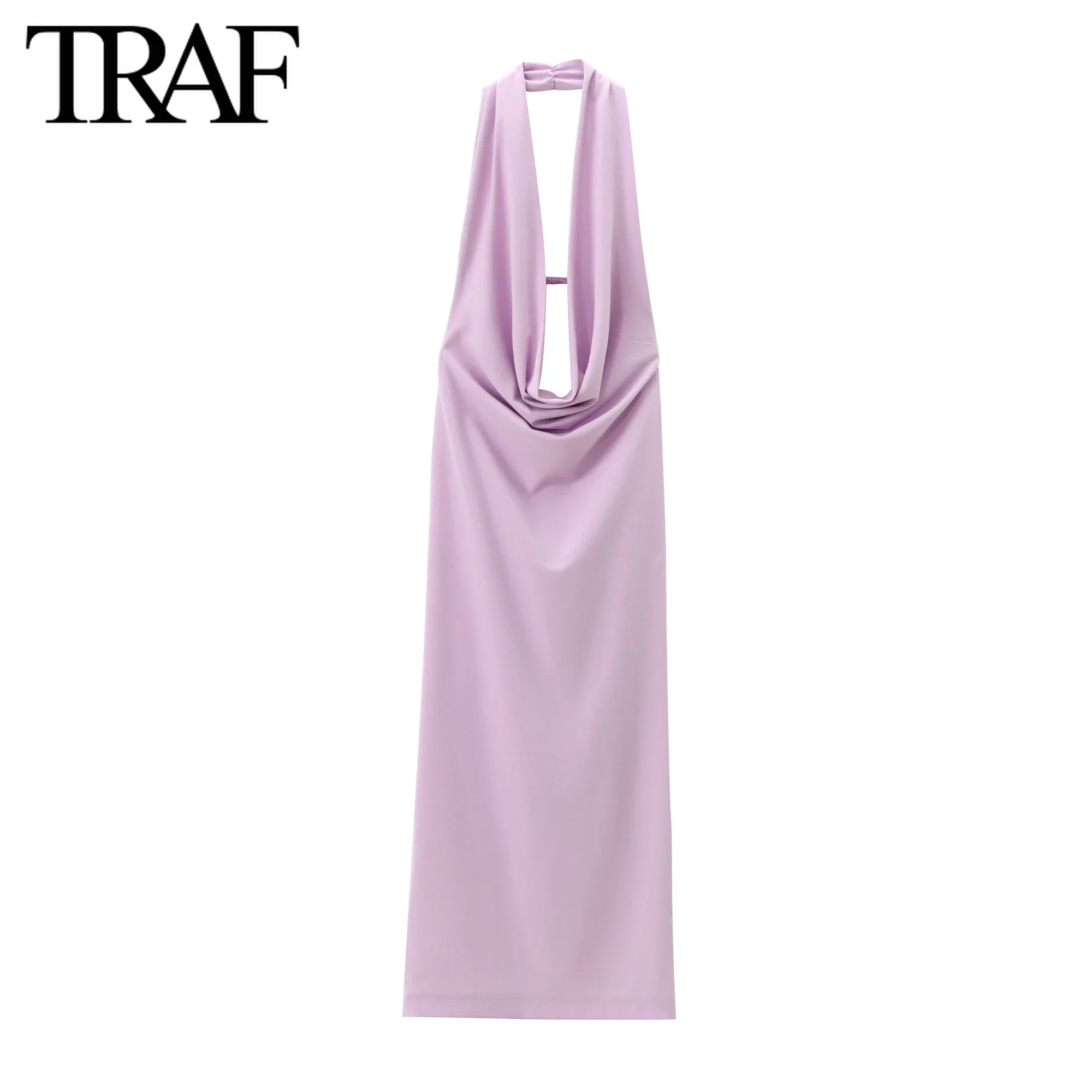 TRAF Women Fashion Summer New Sexy White Halter Folded Backless Sleeveless Long Dresses Chic Female Vintage Evening Dress