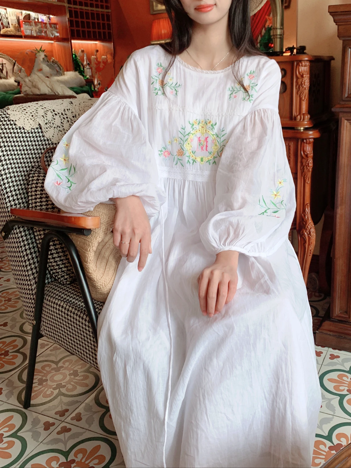 

TIYIHAILEY Spring Summer Women Embroideryb Ramie Dress With Lining Full Lantern Sleeve Long Mid-Calf Ladies Loose A-line White