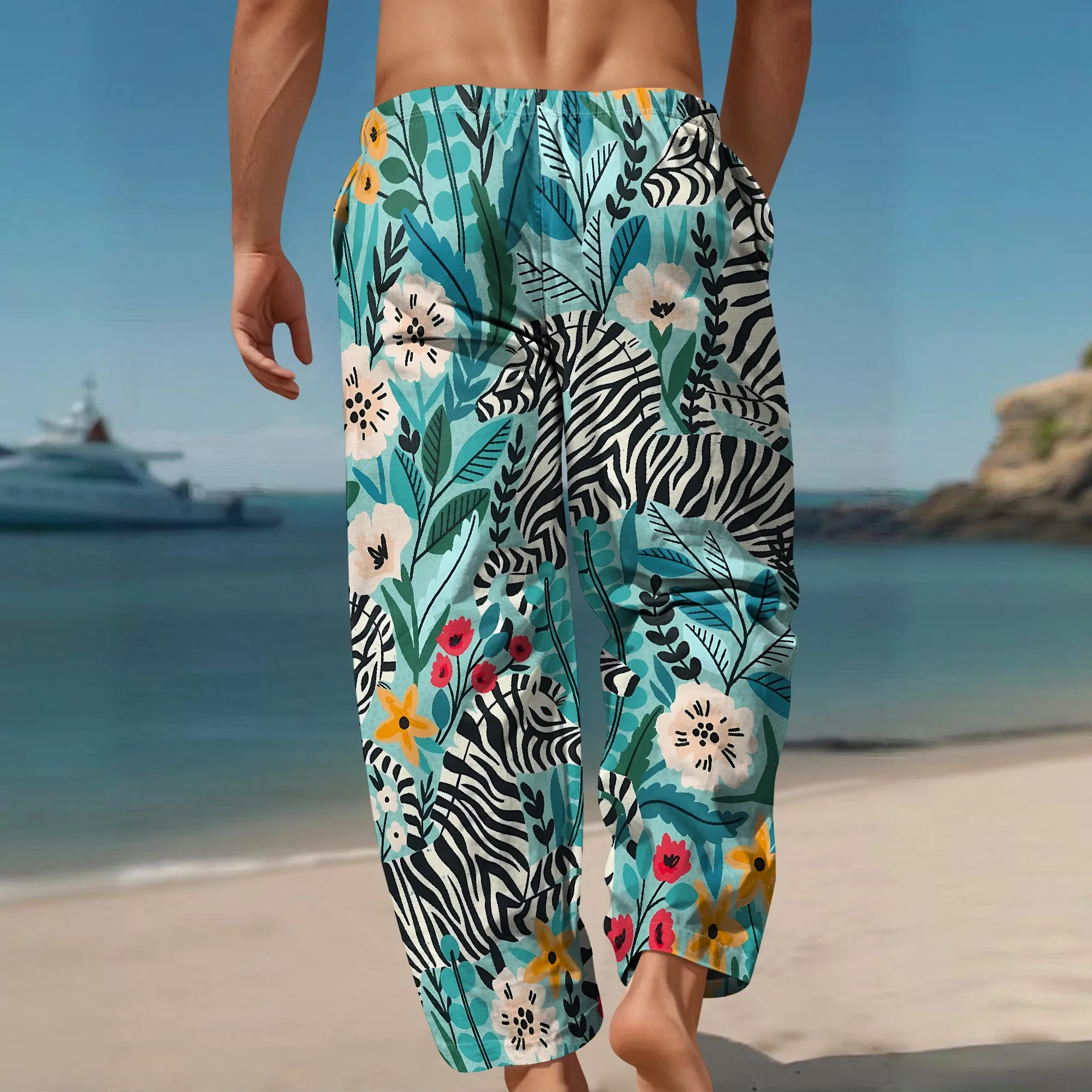 YEAE Colorful Tribal Geometric Patchwork Pants for Men Summer Casual Loose Drawstring Trousers