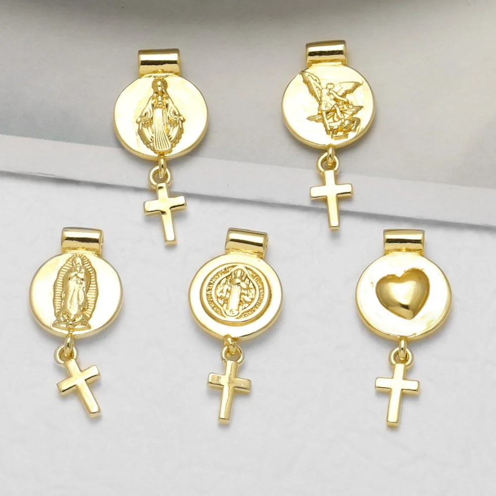 OCESRIO Polish Virgin Mary Cross Pendant Copper Gold Plated Saint Benedict Heart FE Charm for Jewelry Making Supplies pdtc044