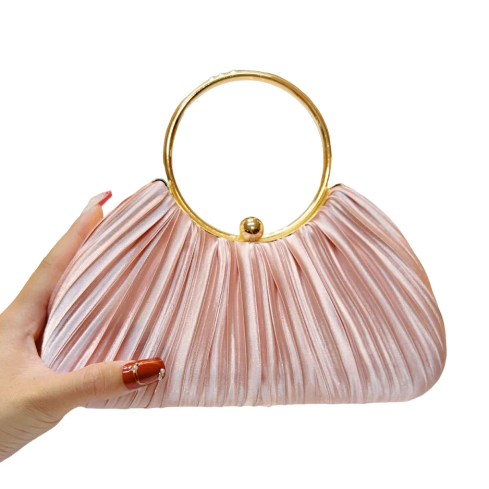 

Retro Exquisite Evening Banquet Bag Light Luxury Temperament Satin Pleated Handbag Solid Color Portable Wrist Bag Party