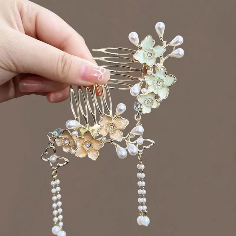 Chinesischer Quasten-Haarkamm, florale Perlen-Quasten-Haarnadel, Vintage-Hanfu-Haarnadel, Retro-Haaraccessoire für Damen, Party, Cosplay, Dekoration – Detail 6