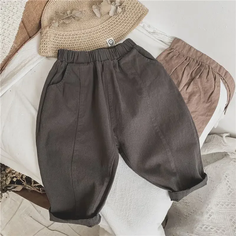 Baby Retro Pocket Dungarees Loose Girl Autumn Children Casual Pants Solid Boy Kids Fashion Trousers Toddler Cotton Clothes