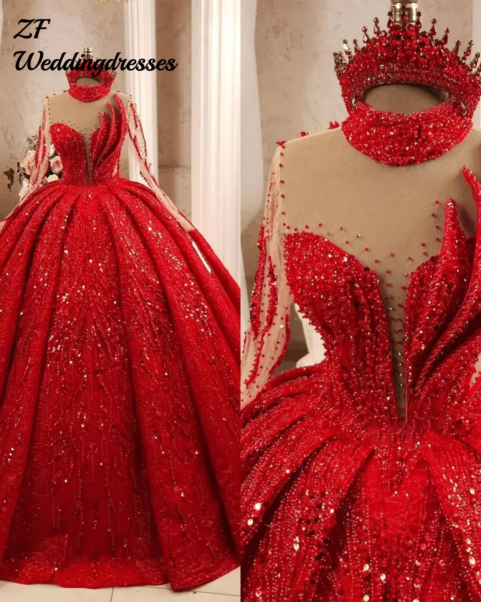 カスタマイズされた赤いボールガウンのウェディングドレスビーズクリスタル真珠レースブライダルドレスビッグサイズスイープトレインvestidoデノビア