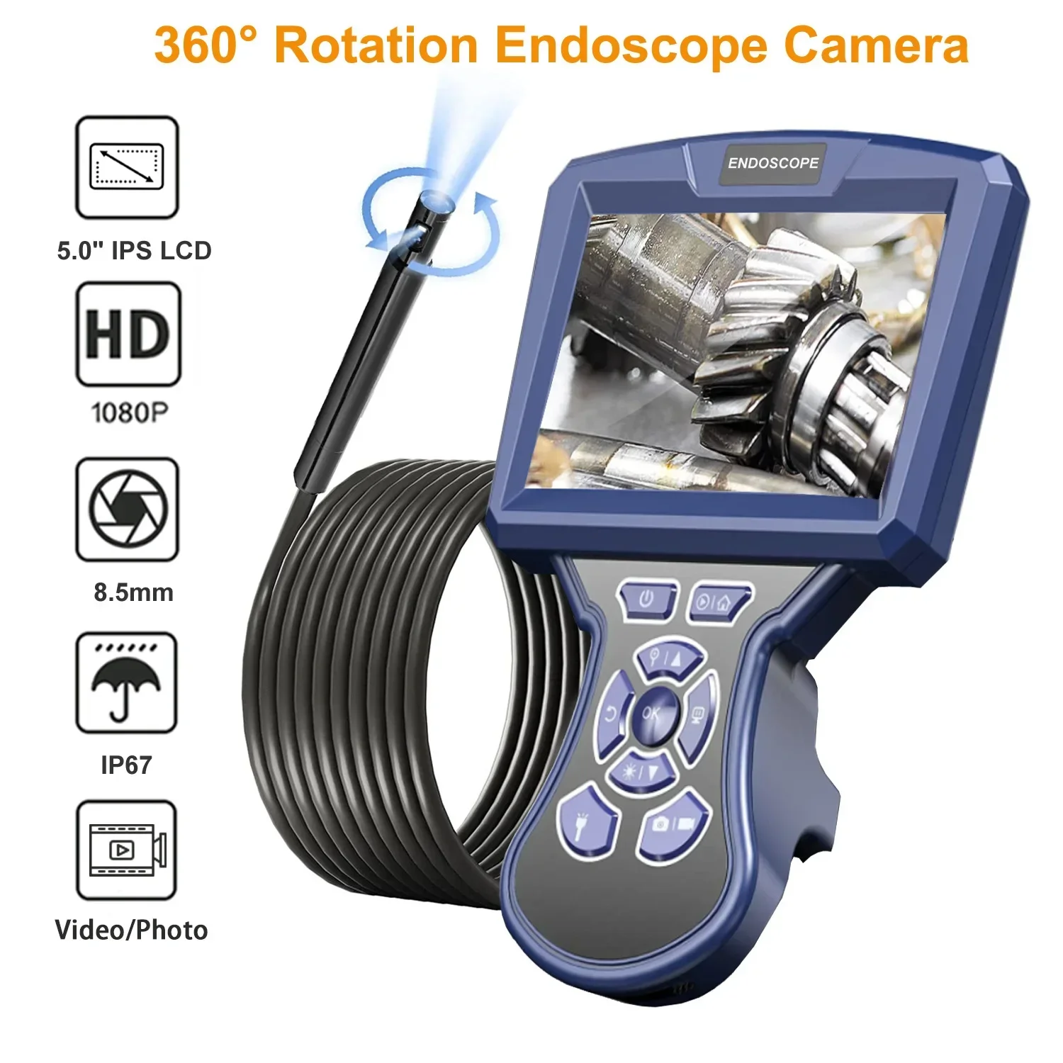 360 Degree Automatic Rotation High-Definition Industrial Endoscope Pipe Camera 8mm Dual Lens 2 Million Pixels