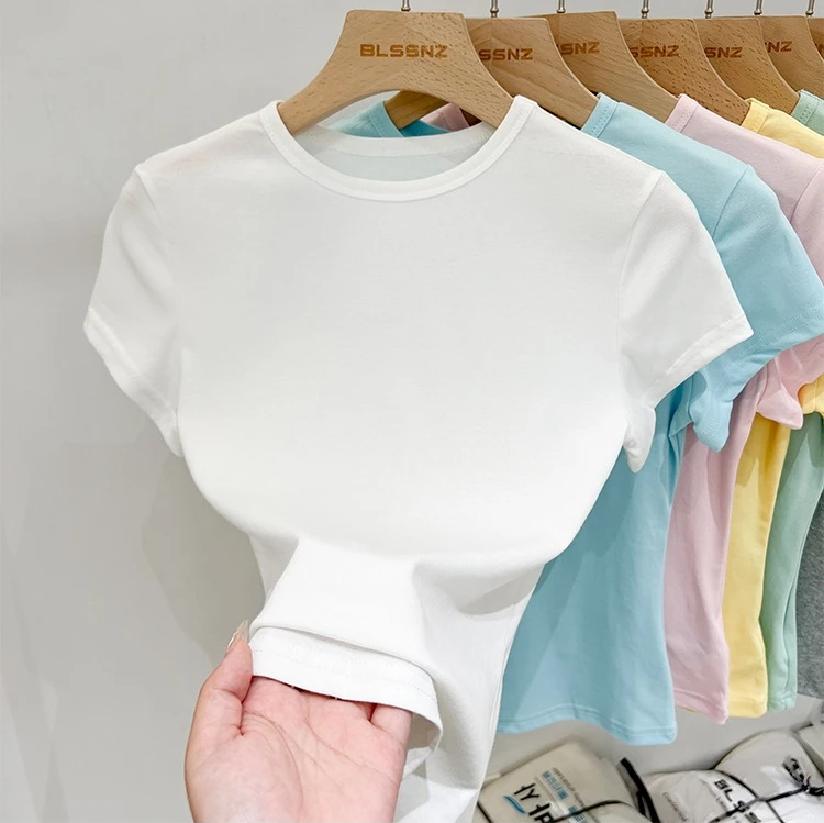 Zjaiss 2026 Sommer Neues Design Slim Fit Basic Top Trendiges Damen Baumwoll-Kurzarm-T-Shirt Einfarbig Vielseitiges O-Neck Tee – Detail 5