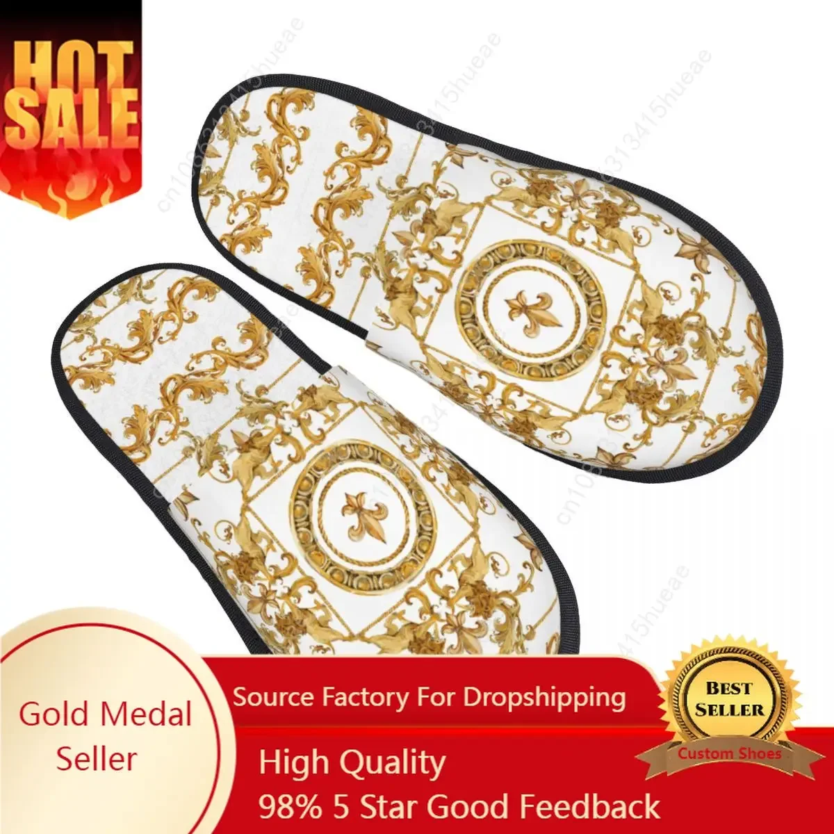 Custom Luxury Golden Lion Flower Pattern House Slippers Soft Warm Baroque Memory Foam Fluffy Slipper Indoor Outdoor Shoes