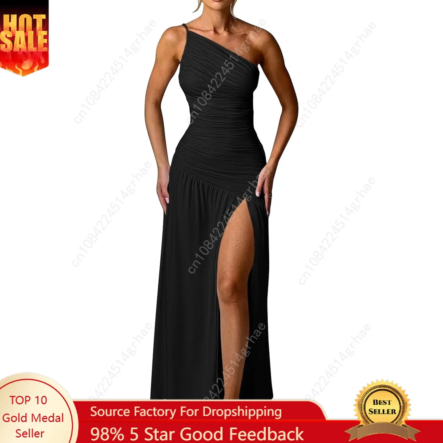 

Women's Sexy One Shoulder High Split Ruched Cocktail Party Formal Maxi Dress