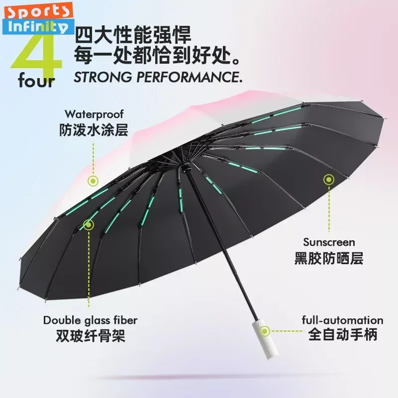 16K 16 Ribs 32 Bones Strong Windproof Automatic Sun Rain Folding Umbrella Vinyl Cover UV Protector Black Sunscreen for Women Men