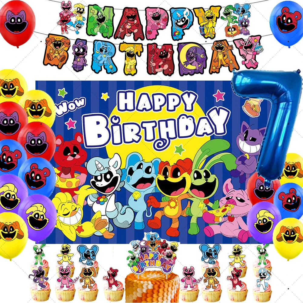 Cartoon Smiling Critters Theme Kids Birthday Party Foil Number Balloon Cake Topper Banner Background Decor Supplies Baby Gifts