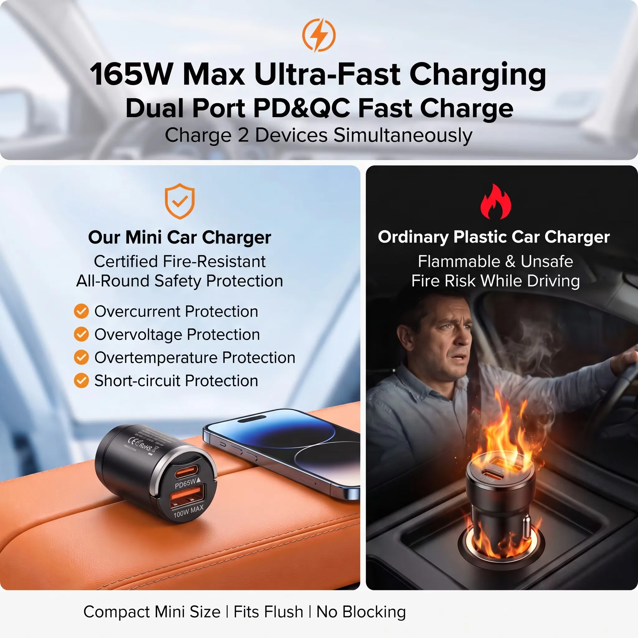 Carregador de Viagem para Carro de 165W com Duas Portas, Saída USB C de 65W e USB A de 100W, Corpo Mini Durável em Liga de Zinco