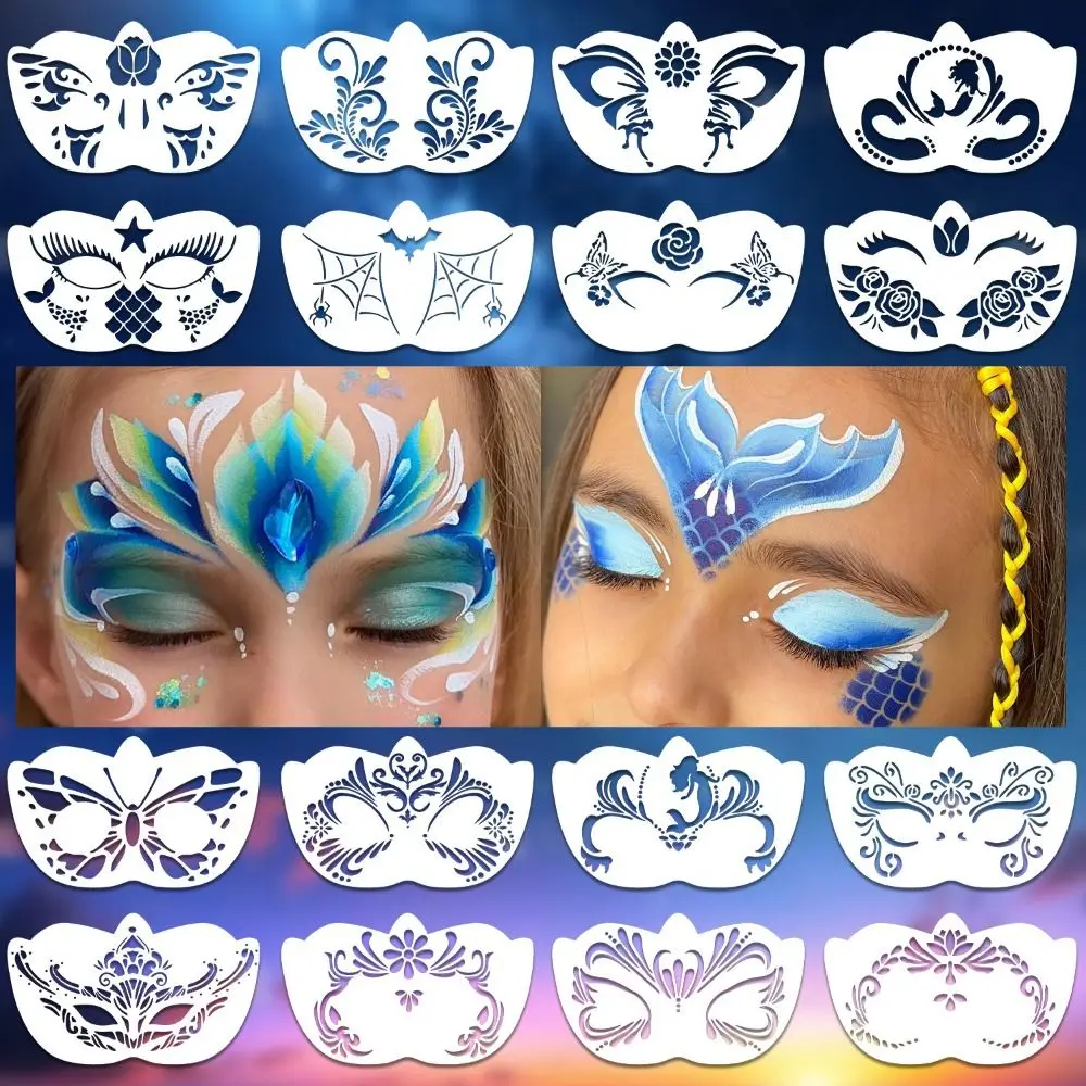 8Pcs Face Tattoo Face Painting Stencils Multiple Pattern Flexible Face Paint Templates Reusable Hollowed Body Art Stencils