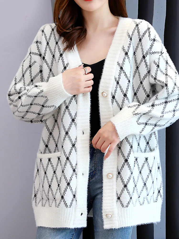 Sweater Coat Women Autumn Winter Lazy Style Solid Color Single-breasted Loose V Neck Knitted Cardigan Casual Fashion Coat New