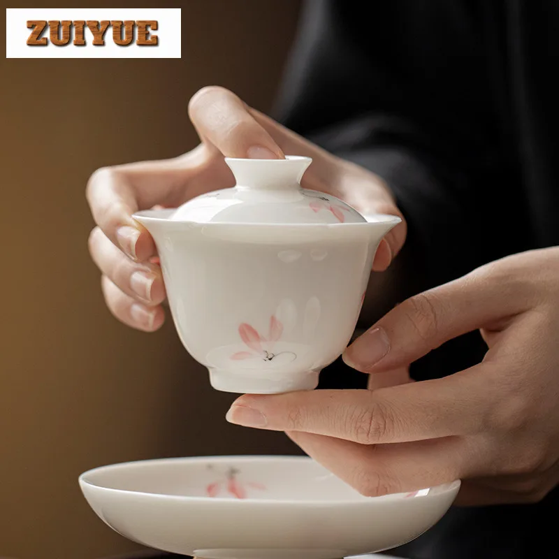 125ml Jade Porcelain Cover Bowl Household Hand Drawn Orchids Gaiwan Vintage Anti Scald Tea Tureen Tea Maker Tea Items Gifts