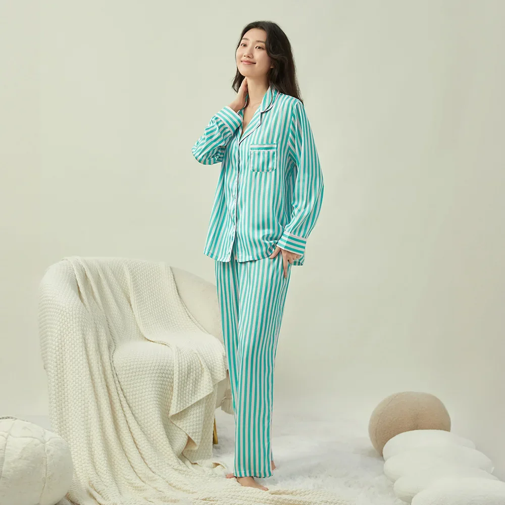 Secret new lapel long-sleeved pink striped ice silk pajamas women\'s loungewear sweet suit pijamas inverno feminino pajama пижама