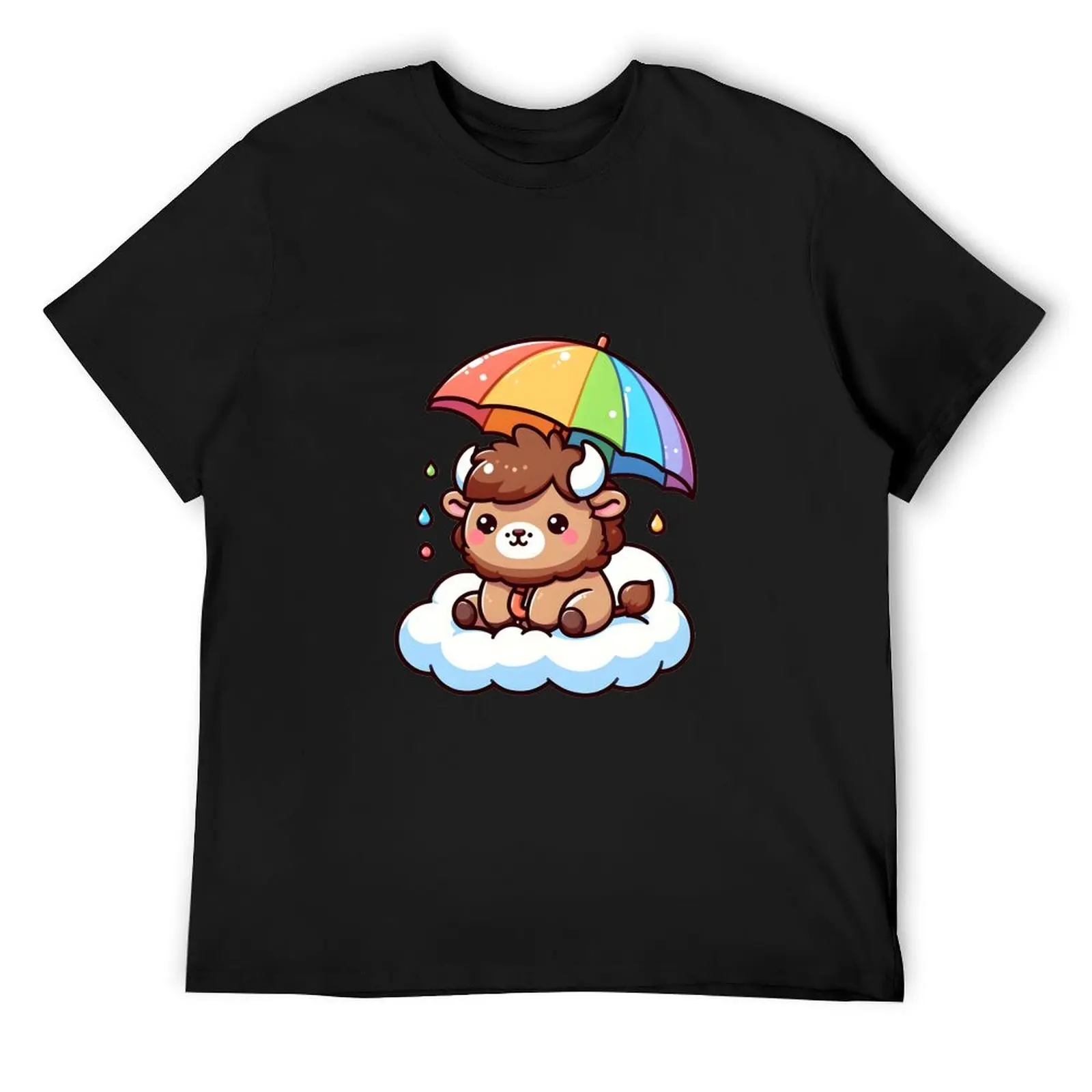 

Kawaii Bison With Rainbow Umbrella T-Shirt summer tops funny gifts big and tall t shirts for men