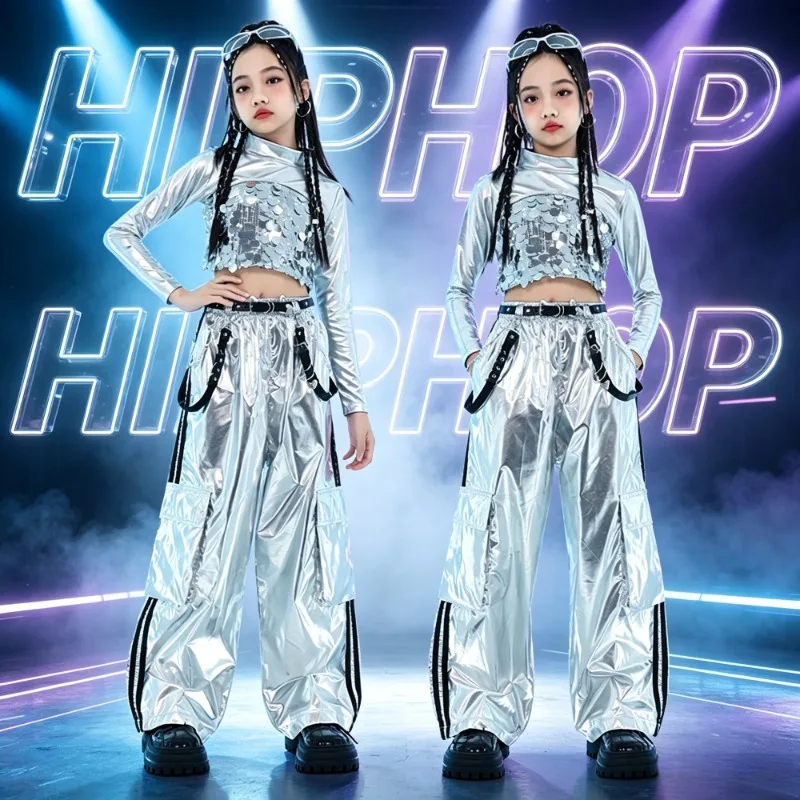 Girls K-pop Sequin Crop Top Silver Cargo Pants Kids Streetwear Jazz Costumes Hip Hop Clothes Sets Stage Wear Dance Outfit