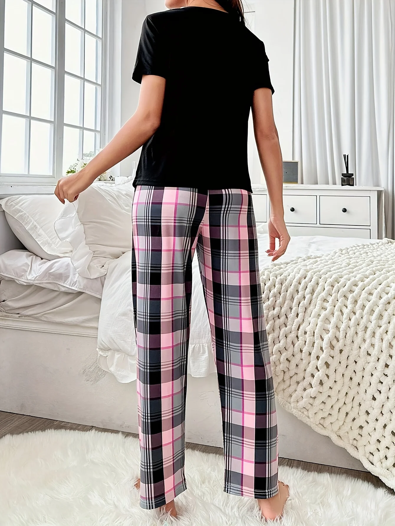 Ladies' new style heart-shaped Goodnight pattern short-sleeved long pants casual pajama set
