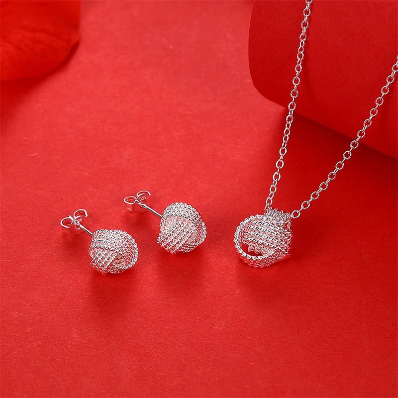 

Cute 925 Silver Ball charms necklace earrings stud for woman high quality Jewelry sets Fashion Party wedding gifts