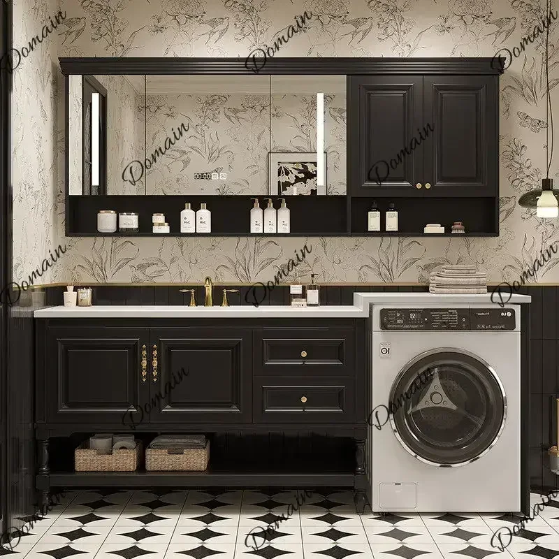 6XY Oak Wood Washer Cabinet Set American Retro Style Bathroom Vanity With Granite Hot-Bent Sink And Wash Basin