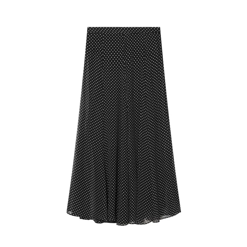 ETJ Dames Polka Dot Blouse Rok Set 2026 Lente Hoge Hals Vleermuismouw Doorzichtige Voorkant Strik Midi A-lijn Jurk Set