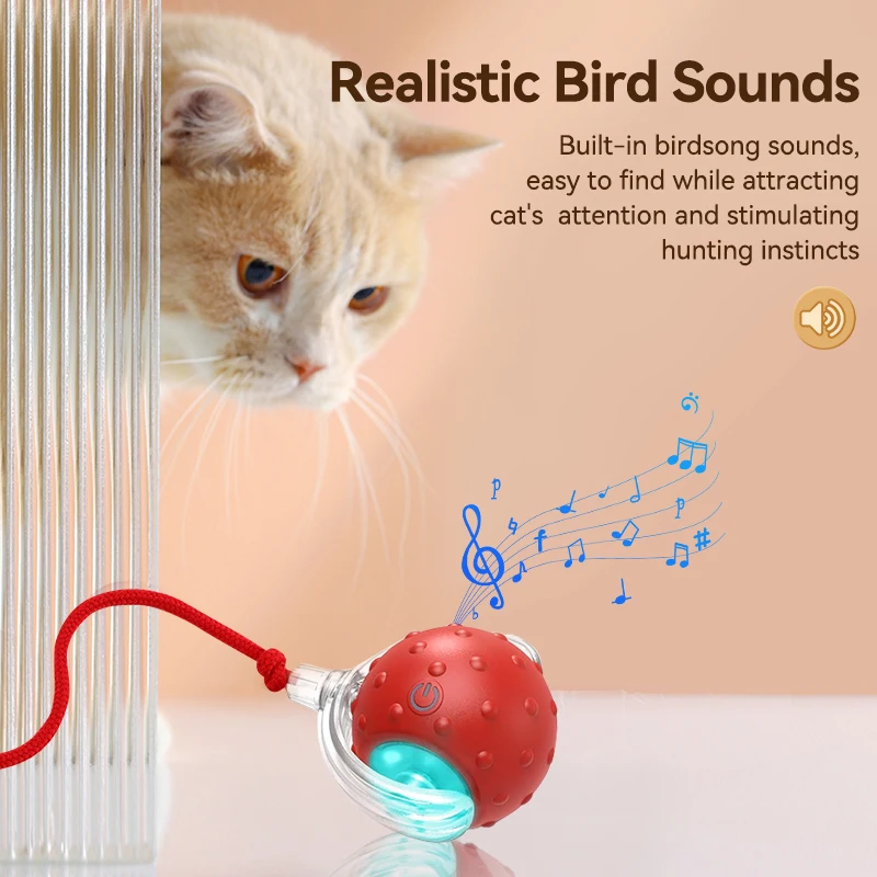 ROJECO Interactive Cat Toy Ball Automatic Rolling Ball With Bird Chirping Motion Sensor Electric Pet Toy Teasing Long Tail Balls