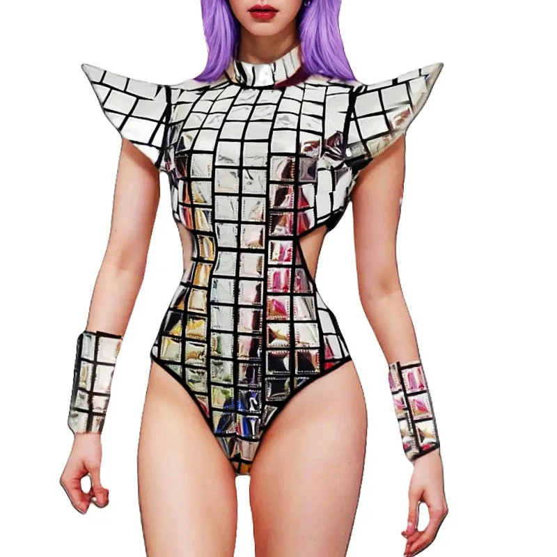 

Silver Laser Fly Shoulder Bodysuit Sexy Cutout Waist Performance Stage Wear Women Dancer Leotard Nightclub Drag Queen Costume
