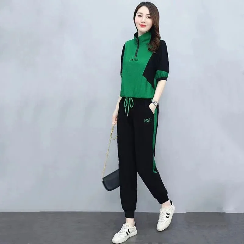 2023 Summer New Fashion Sports Leisure Suit Korean Style Loose Splicing Short Sleeve Tops Pencil Pants 2 Two Piece Set For Women