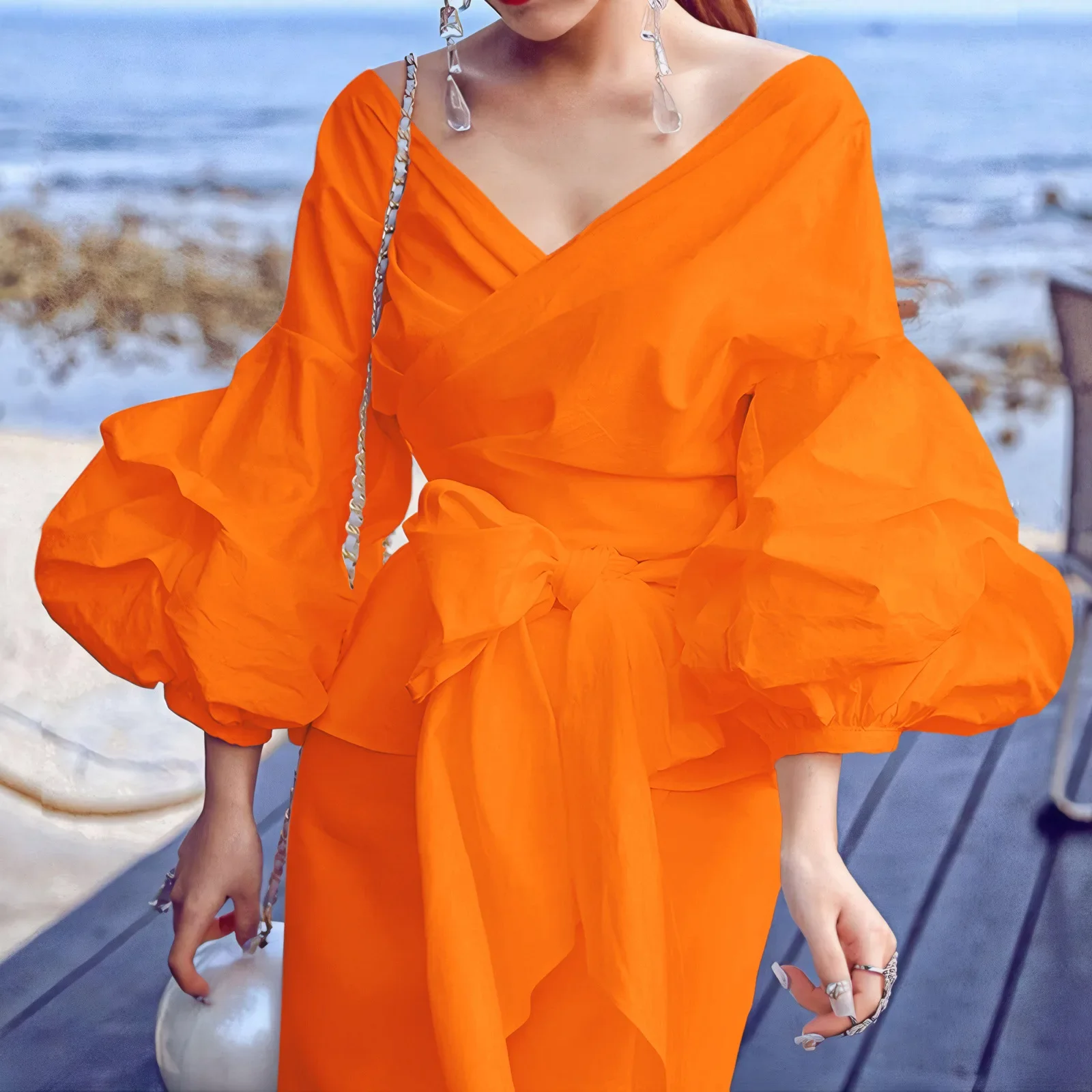 

Women's Fashion Solid Color Sexy Cross Strap Bubble Sleeve V-Neck Shirt African Top