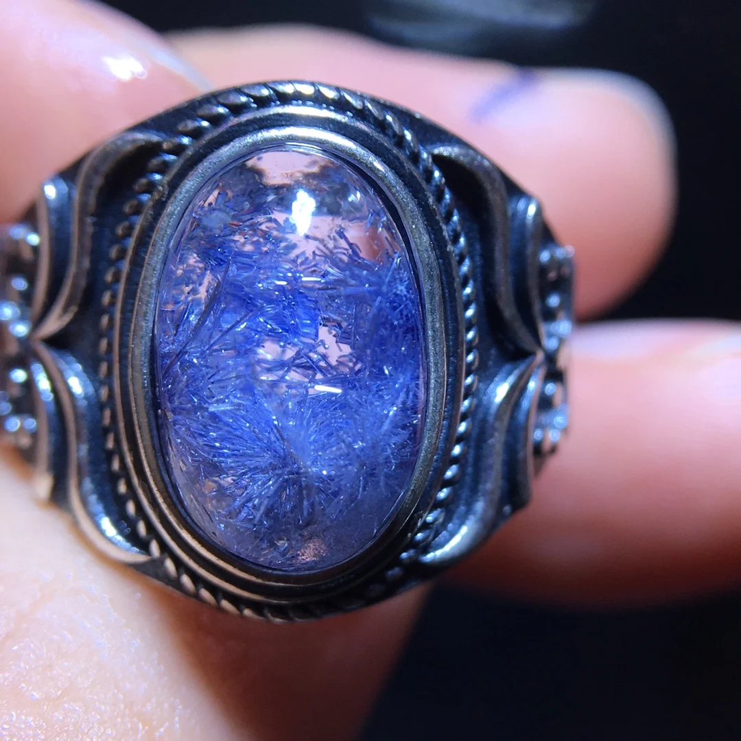 

Natural Blue Rutilated Dumortierite Adjustable Ring Woman 13/9.1mm Ring Jewelry AAAAAAA