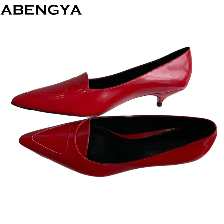 

ABENGYA Black Real Leather Pumps High Heels Party Shoes For Women Spring Point Toe Formal Office Shoes Women Slip On Loafers