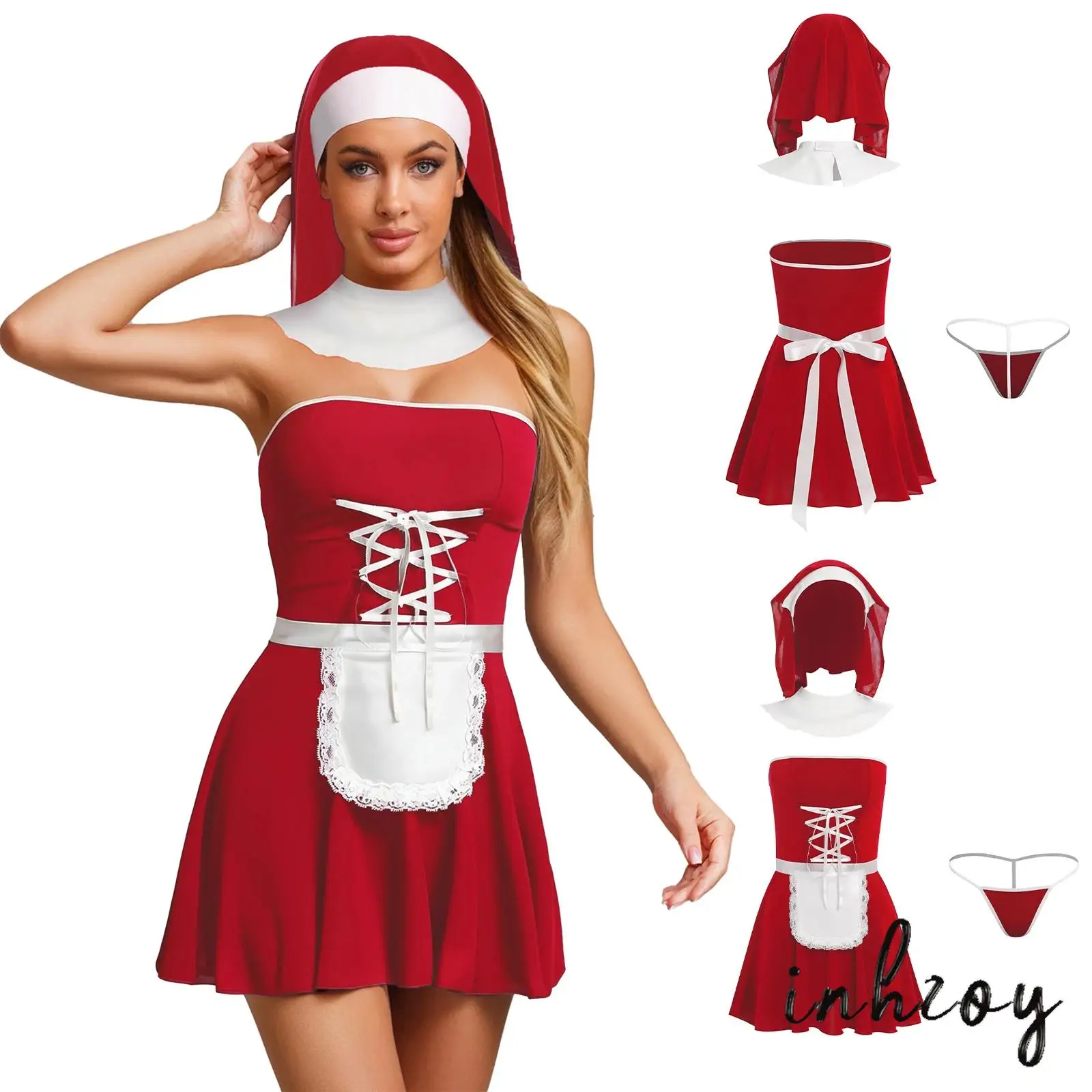 

Sexy Nun Maid Cosplay Costume for Women 5 Piece Lingerie Set Strapless Dress Thong Headwear Apron Nightwear Role Play Outfit