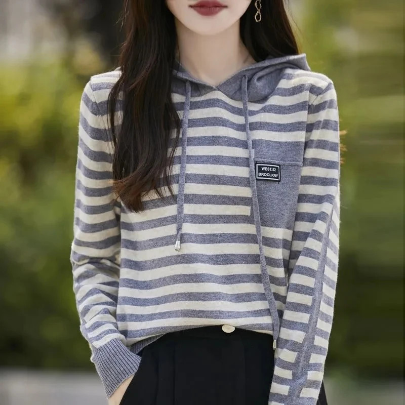 Jersey holgado con capucha para mujer coreana, suéter tejido a rayas con cuello redondo para mujer, Jersey informal de manga larga para primavera y otoño