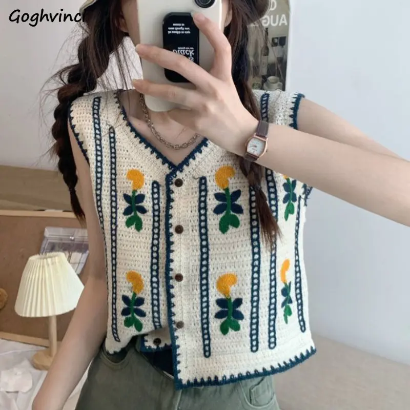 Sweater Vest Women V-neck Baggy Vintage Chic Casual Knitting All-match Korean Style Hollow Out Spring Trendy Ladies Simple Daily