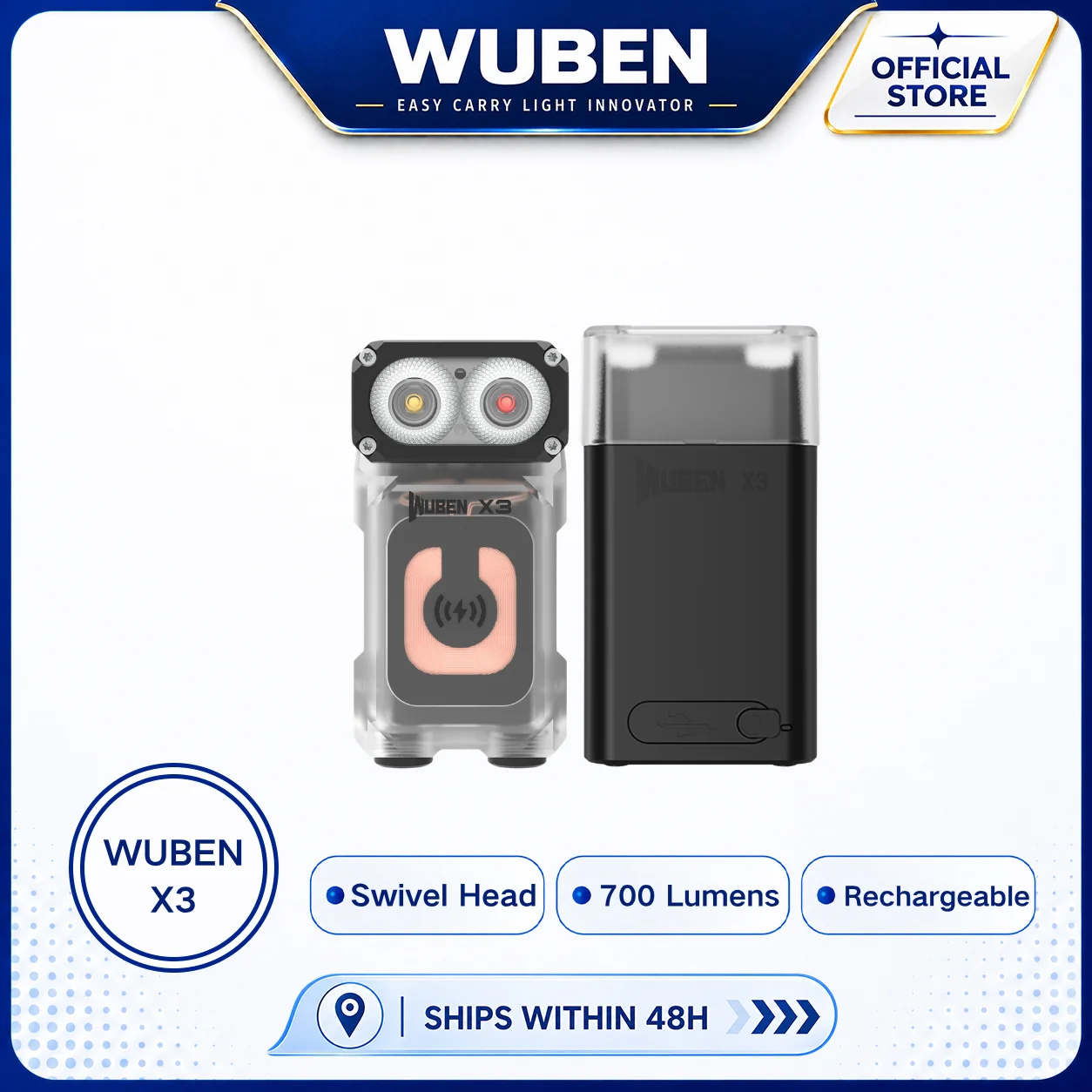 WUBEN X3 Lightok 700 Lumen Wireless Charging Swivel Head EDC Flashlight Red White Light Charging Box