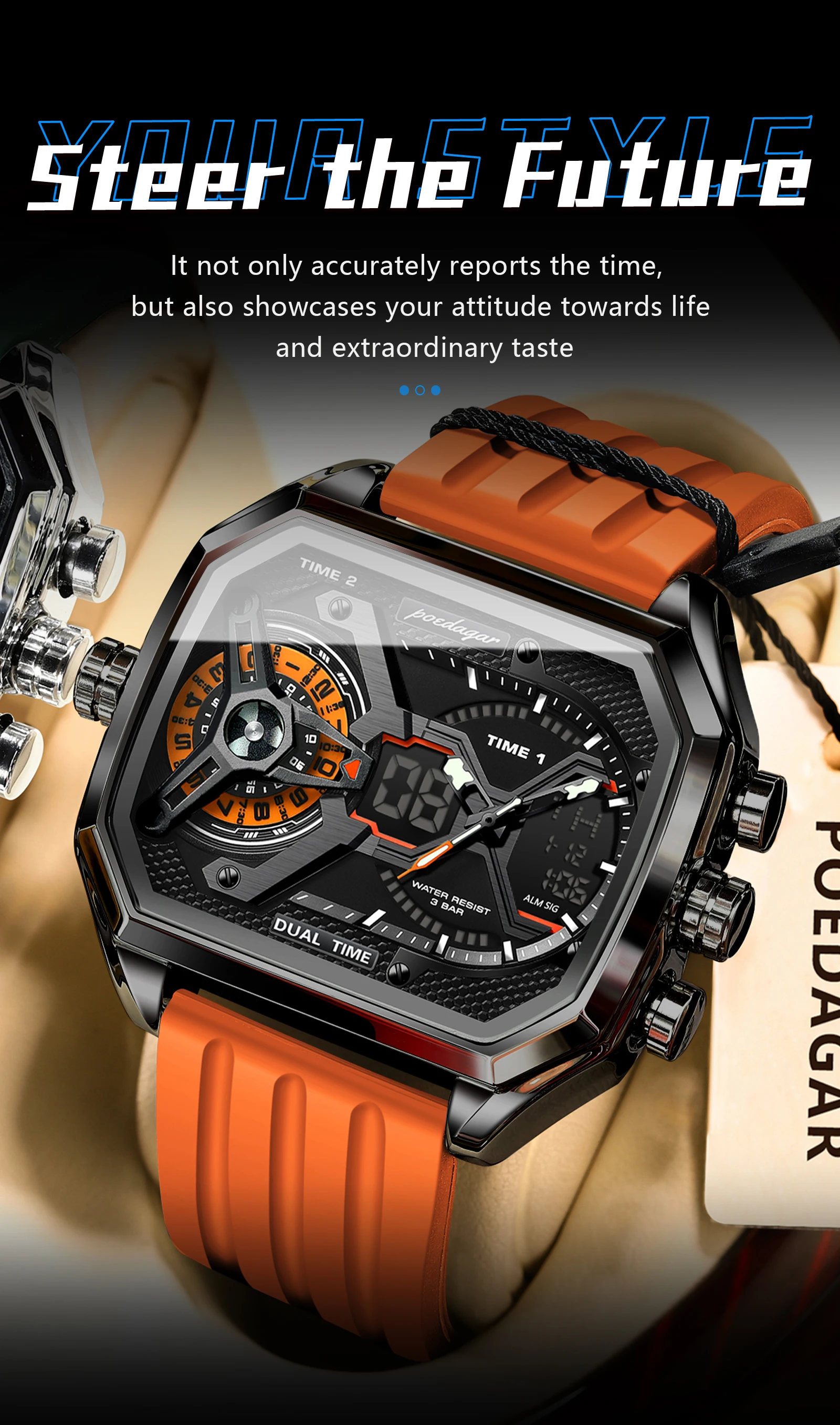 POEDAGAR Sport Männer Armbanduhren Datum Woche Leuchtende LED Mode Mann Uhr Silikon Armband Elektronische Dual Time Quarz herren Uhr – Detail 17