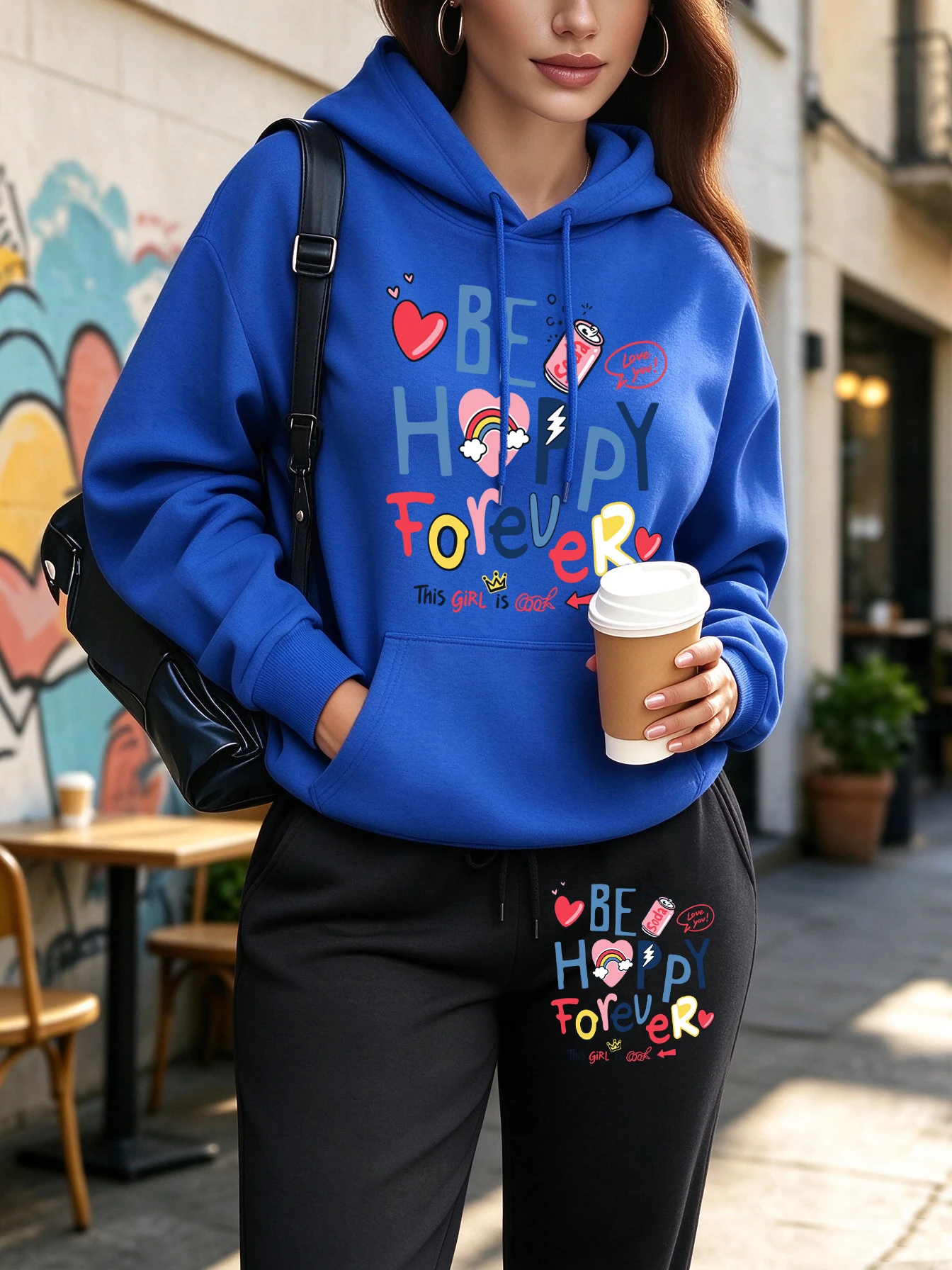 Be Happy Forever Prints Woman Jogging Warm Hoodie Set Casual Pocket Pullover Sport Street Long Pants Autumn Fleece Sweatpants