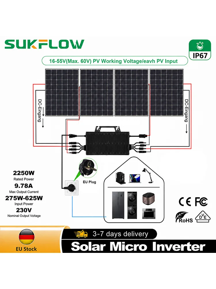 2250W Solar-Mikrowechselrichter Plug-and-Play 4 MPPT WiFi-Überwachung IP67 Wasserdicht Balkon Haus Netzgekoppelter PV-Wechselrichter