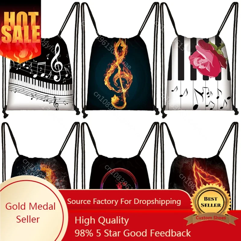 Musical Instrument Print Drawstring Bag Music Notes Backpack Guitar Violin Outdoor Storage Bag Shoes Holder Teenager School Bags