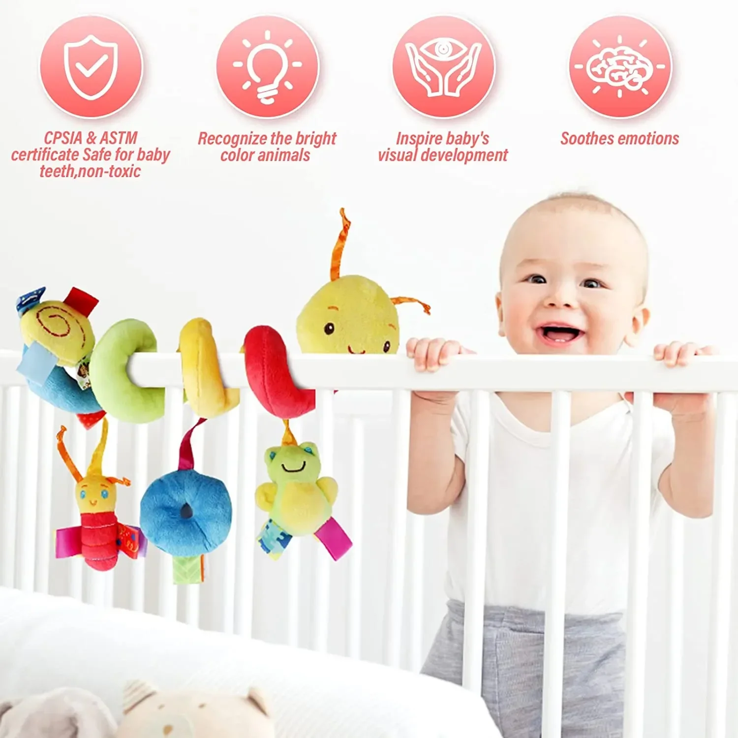 vvocci Brinquedo em Espiral Macio para Berço e Carrinho de Bebê, Chocalho Educacional com Toalha de Bebê, Seguro para Bebês de 0 a 12 Meses