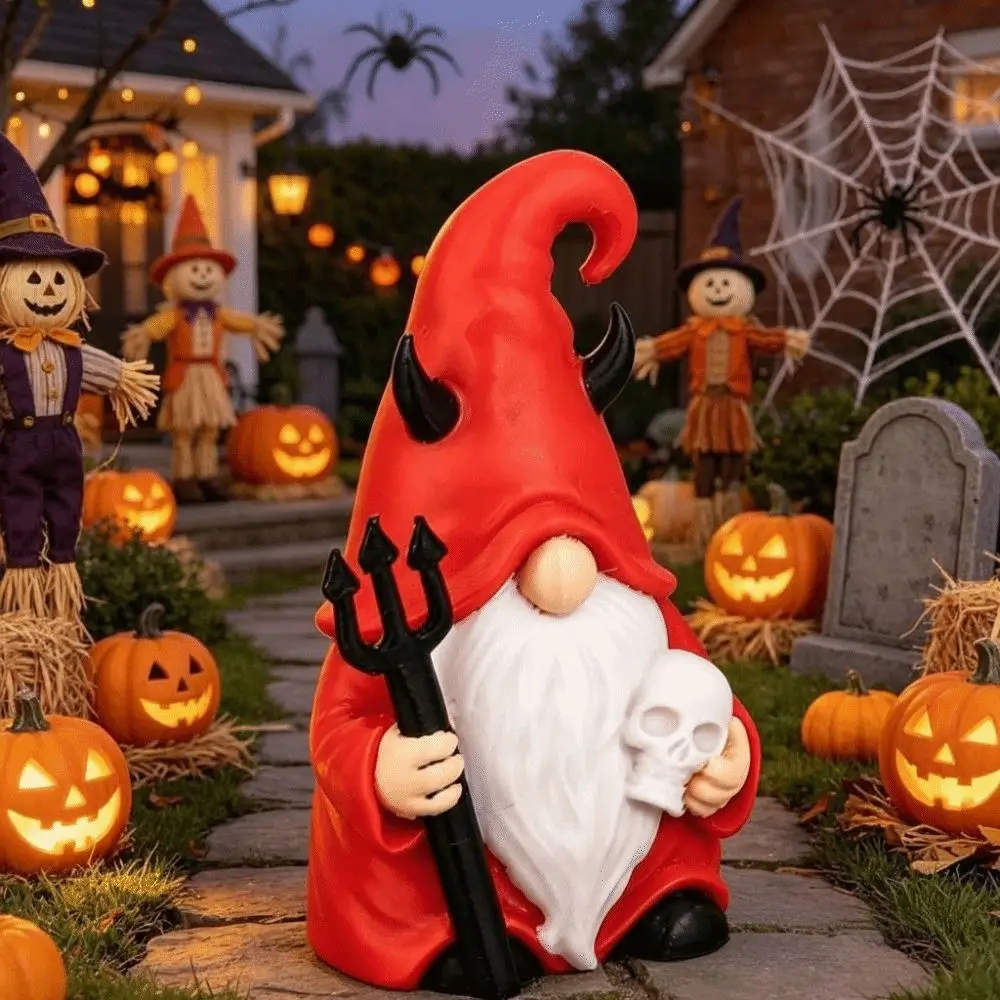 Red Robe Red Gnome Black Horns White Beard Halloween Figurine Vibrant Colors Holding Trident Skull Miniature Office Desk