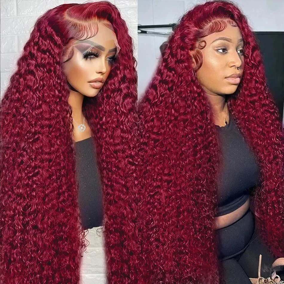 200 Density  99J Burgundy Water Curly 13x4 Lace Frontal Wig Transparent 13x6 Lace Front Red Colored Deep Wave Human Hair Wigs