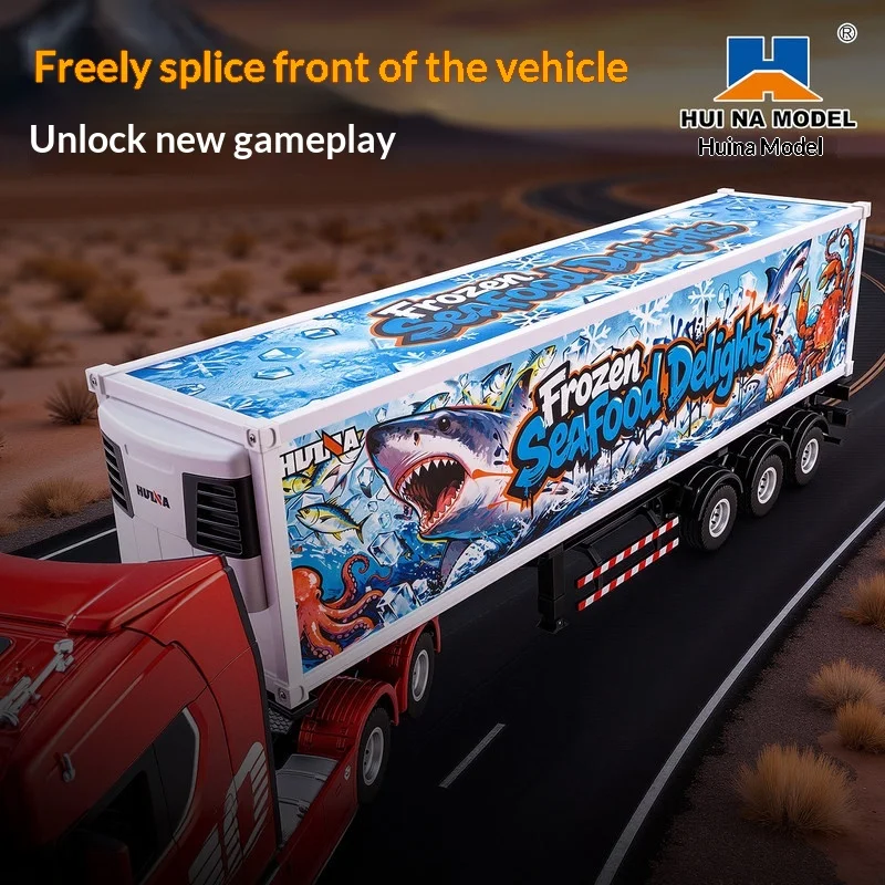 Hui Na 1:18 Scale Container Truck Model Seafood Refrigerated Trailer For 770s Tractor Truck Display Collection Gift