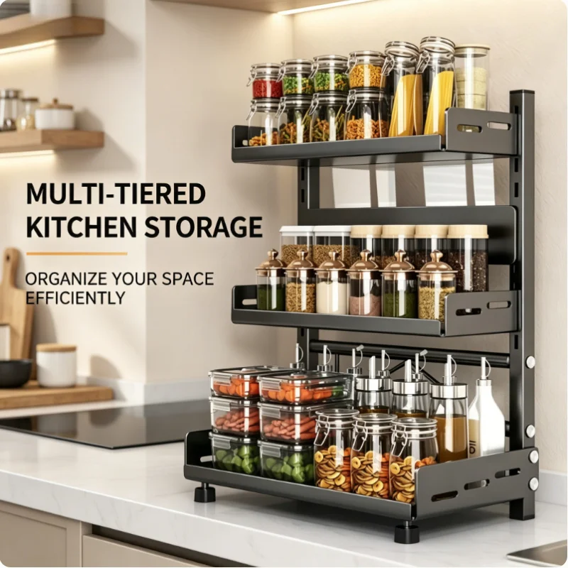 Organizador de Especias de Metal Negro de 3 Niveles Ajustables para Encimera de Cocina, Armario, Despensa, Estante de Almacenamiento que Ahorra Espacio