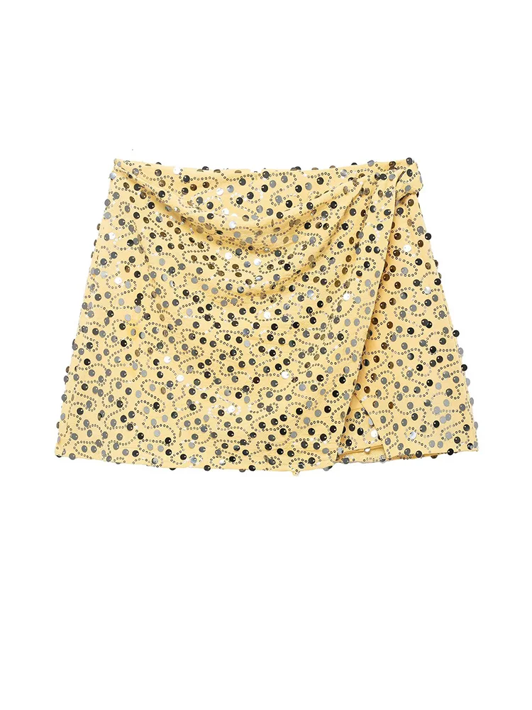 HH Women Fashion Sequined Asymmetrical Decoration Mini Skirt Solid A-line Side Zipper Lining Women Autumn Slim Short Skirts