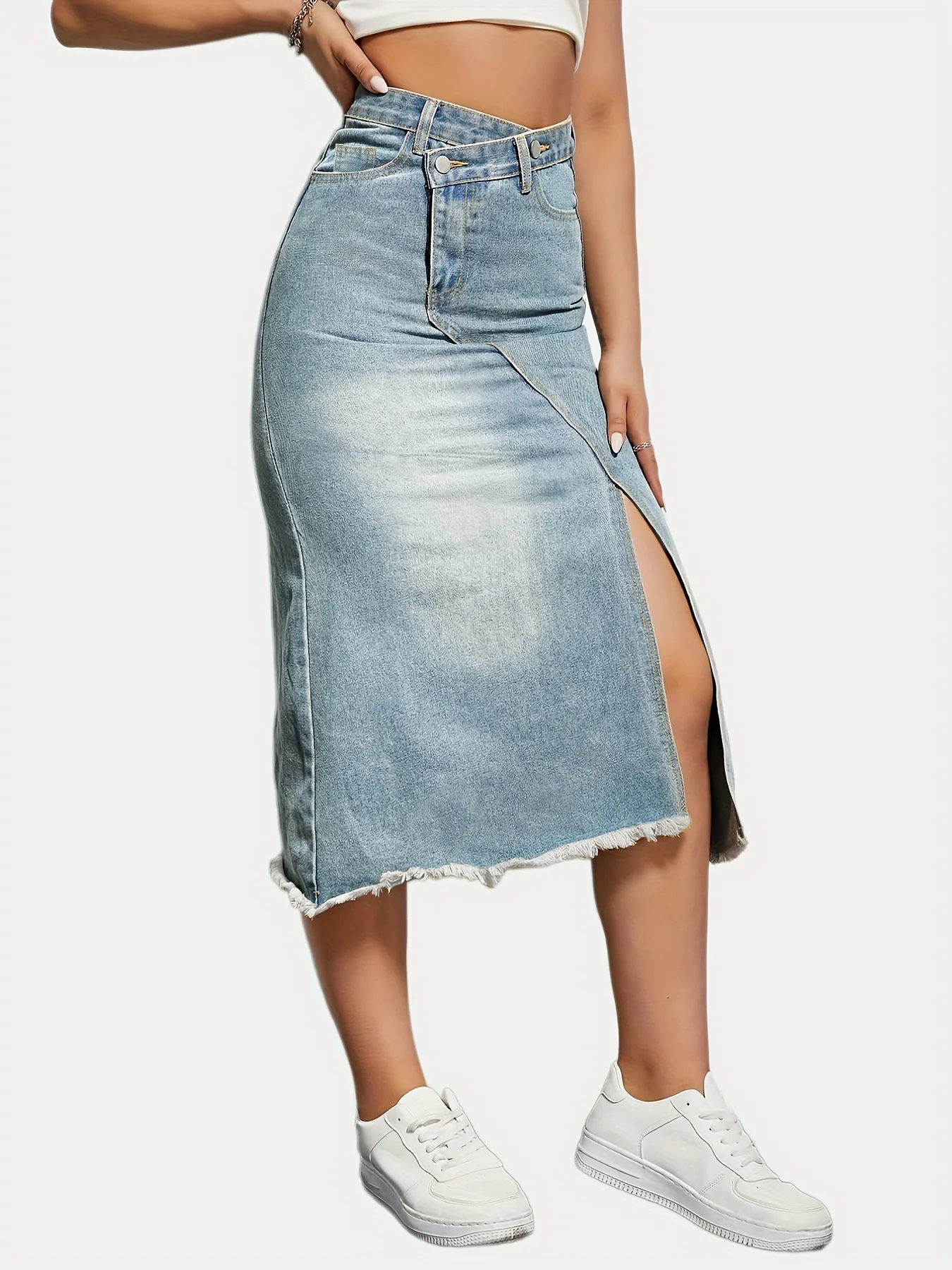 Women Skirts Denim Dress Wrap Buttocks High Street Sexy Solid Patchwork Spliced Ankle Length Slim Fit Pockets Slight Strech